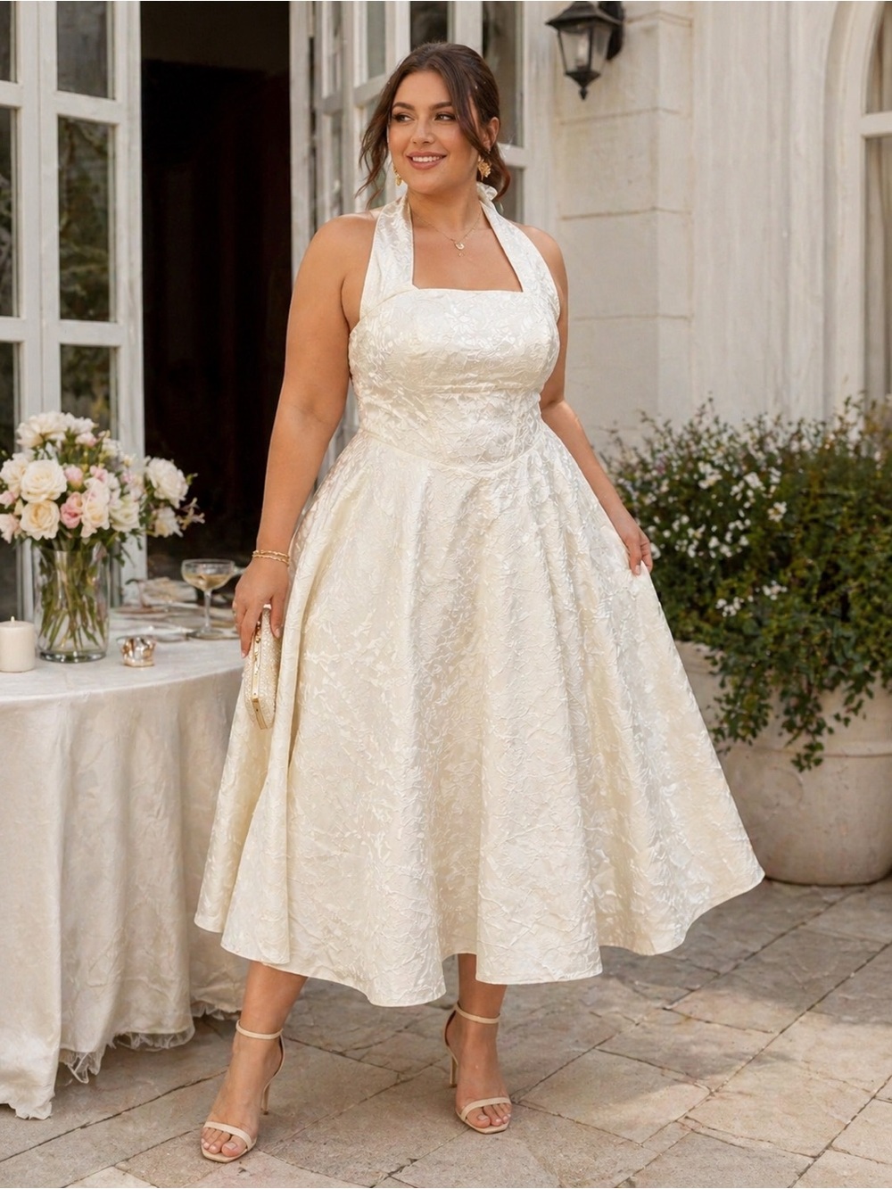 Elegant Ivory Halter Midi Dress - Picture 7 of 13